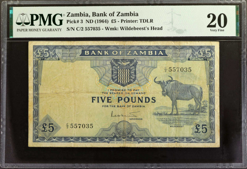 ZAMBIA. Bank of Zambia. 5 Pounds, ND (1964). P-3. PMG Very Fine 20.

Estimate:...