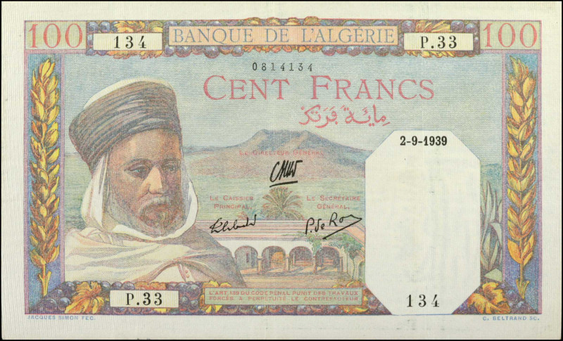 ALGERIA. Banque de l'Algérie. 100 Francs, September 2nd, 1939. P-85. Very Fine....