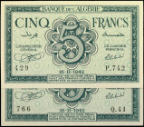 ALGERIA. Lot of (2). Banque de l'Algérie. 5 Francs, 1942. P-91. About Uncirculated.

Dated 16-11-1942. A very slight amount of toning on both notes....