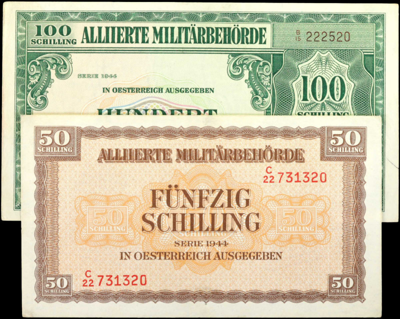 AUSTRIA. Lot of (2). Alliierte Militarbehorde. 50 & 100 Shilling, 1944. P-109 & ...