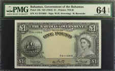 BAHAMAS. The Bahamas Government. 1 Pound, ND (1953). P-15b. PMG Choice Uncirculated 64 EPQ.

Printed by TDLR. Signature combination of W.H. Sweeting...