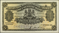 BARBADOS. Barclays Bank (Dominion, Colonial and Overseas). 20 Dollars, September 1st, 1926. P-S102a. Uncirculated.

"Cancelled" perforation. Dated S...