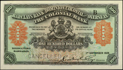 BARBADOS. Barclays Bank (Dominion, Colonial and Overseas). 100 Dollars, September 1st, 1926. P-S103a. Uncirculated.

A cancelled example of this sca...