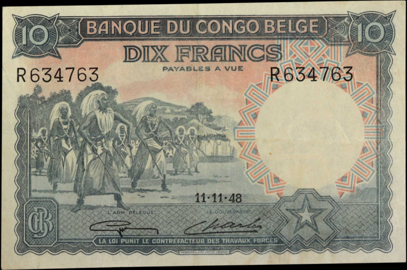 BELGIAN CONGO. Banque du Congo Belge. 10 Francs, November 11th, 1948. P-14E. Ver...