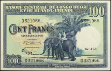 BELGIAN CONGO. Banque Centrale du Congo Belge et du Ruanda-Urundi. 100 Francs, April 25th, 1953. P-25a. Very Fine.

Printed by W&S. Dated April 15th...