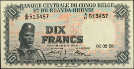 BELGIAN CONGO. Banque Centrale du Congo Belge et du Ruanda-Urundi. 10 Francs, February 1st, 1958. P-30b. Extremely Fine.

Signature titles of"Direct...