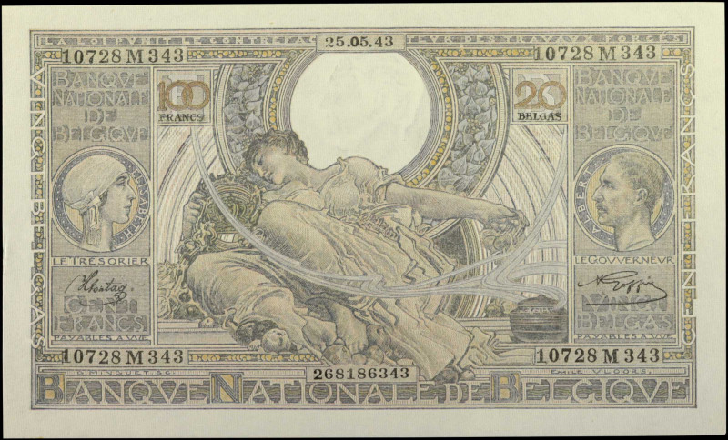 BELGIUM. Banque Nationale de Belgique. 100 Francs-20 Belgas, May 25th, 1943. P-1...