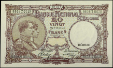 BELGIUM. Banque Nationale de Belgique. 20 Francs, January 3rd, 1944. P-111. Uncirculated.

"Tresorerie" overprint on watermark on the front, with "T...