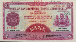 BRITISH GUIANA. Barclays Bank (Dominion, Colonial and Overseas). 5 Dollars, March 1st, 1940. P-S104s. Specimen. Uncirculated.

An incredibly rare sp...