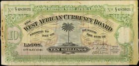 BRITISH WEST AFRICA. The West African Currency Board. 10 Shillings, May 9th, 1941. P-7b. Fine.

Dated May 9th, 1941. 

From the Maximus Estate Col...