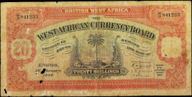 BRITISH WEST AFRICA. The West African Currency Board. 20 Shillings, February 1st, 1947. P-8b. Very Good.

An elusive February 1st, 1947 date. Typica...