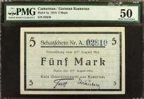 CAMEROON. Kaiserliches Gouvernement von Kamerun. 5 Mark, August 12th, 1914. P-1a. PMG About Uncirculated 50.

Just seven examples of this elusive Ge...