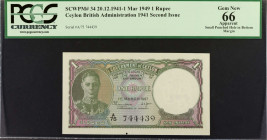 CEYLON. Government of Ceylon. 1 Rupee, March 1st, 1947. P-34. PCGS Currency Gem New 66 Apparent. Small Punched Hole in Bottom Margin.

Dated March 1...