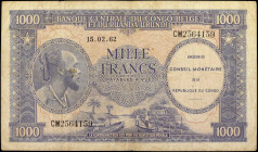 CONGO DEMOCRATIC REPUBLIC. Banque Centrale du Congo Belge et du Ruanda-Urundi. 1000 Francs, 1962. P-2. Fine.

Overprint on Belgian Congo P-29.

Fr...
