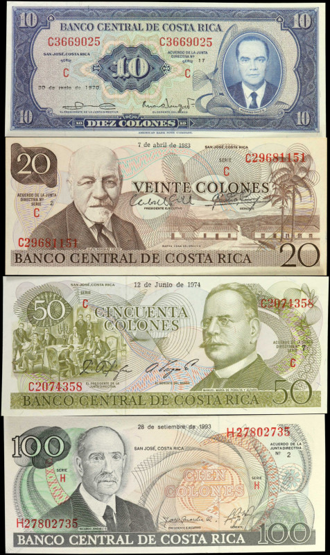 COSTA RICA. Lot of (4). Banco Central de Costa Rica. 10 to 100 Colones, 1970-93....