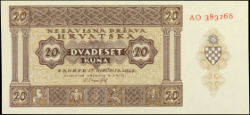 CROATIA. Nezavisna Drzava Hrvatska. 20 Kuna, 1944. P-9b. About Uncirculated.

Double letter serial number prefix.

From the Maximus Estate Collect...