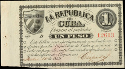 CUBA. La Republica de Cuba. 1 Peso, July 10th, 1869. P-55c. Very Fine.

Very faint red seal. Pinholes/rust damage. Hand-Dated Julio 10, 1869. Bold h...
