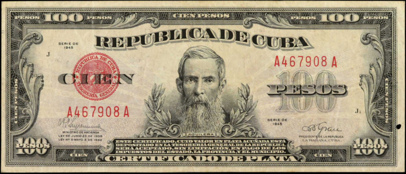 CUBA. Republica de Cuba. 100 Pesos, 1945. P-74d. Fine.

Dated 1945. An attract...