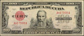 CUBA. Republica de Cuba. 100 Pesos, 1945. P-74d. Fine.

Dated 1945. An attractive example of this high denomination type. A minute hole is found in ...