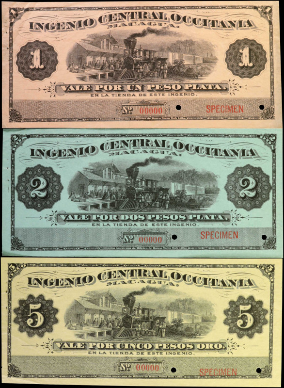 CUBA. Lot of (3). Ingenio Central Occitania Macagua. 1, 2 & 5 Pesos, 1870's. P-U...