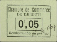 DJIBOUTI. Chambre de Comerce de Djibouti. .05 Franc, ND (1919). P-21. About Uncirculated.

Strong original color and lovely condition are noticed on...