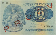 ESTONIA. Eesti Pank. 10 Krooni, 1928. P-63s. Specimen. About Uncirculated.

Red "PROOV" overprint. This series was never issued. Red "X" on the reve...