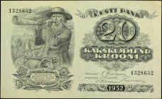 ESTONIA. Eesti Pank. 20 Krooni, 1932. P-64a. About Uncirculated.

An issued example of this 1932 20 Krooni note. 

From the Maximus Estate Collect...
