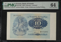 ESTONIA. Eesti Pank. 10 Krooni, 1940. P-68a. Unissued. PMG Choice Uncirculated 64.

Prefix B. Very Scarce.

From the Maximus Estate Collection.
...