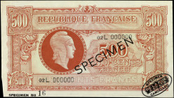 FRANCE. Republique Francaise. 500 Francs, ND (1944). P-106s. Specimen. About Uncirculated.

Black specimen overprints on both sides. Black TDLR stam...