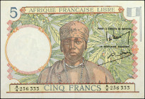 FRENCH EQUATORIAL AFRICA. Afrique Francaise Libre. 5 Francs, ND (1941). P-6. About Uncirculated.

A colorful AU example of this 5 Francs note. Just ...