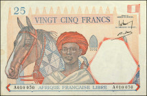 FRENCH EQUATORIAL AFRICA. Afrique Francaise Libre. 25 Francs, ND (1941). P-7a. Very Fine.

Light stains.

From the Maximus Estate Collection.

E...