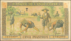 FRENCH INDO-CHINA. Banque de L'Indochine. 5 Piastres, ND (1944). P-75a. Fine.

This series was printed in Japan during the Second World War. Multipl...