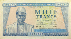 GUINEA. Banque de la Republique de Guinee. 1000 Francs, October 2nd, 1958. P-9. Very Fine.

Dated October 2nd, 1958. Toning is noticed.

From the ...
