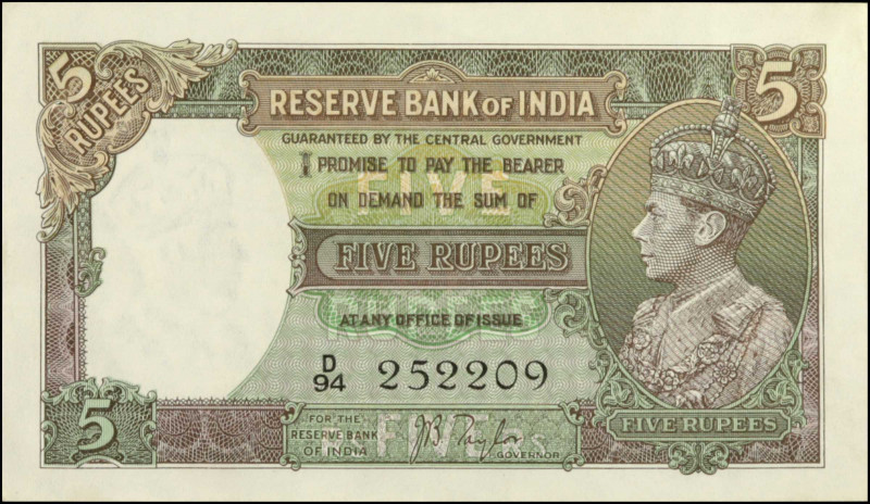 INDIA. Reserve Bank of India. 5 Rupees, ND (1937 & 1943). P-18a. About Uncircula...