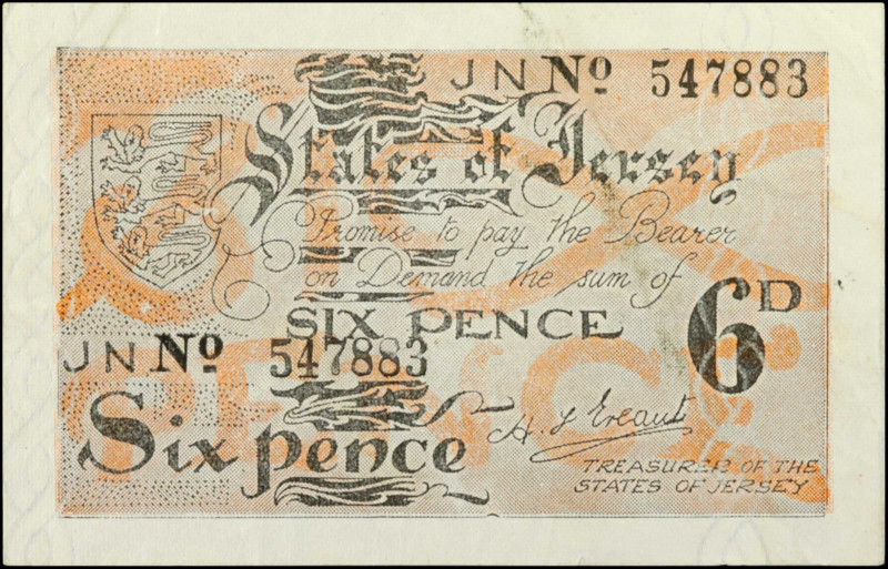 JERSEY. The States of Jersey. 6 Pence, ND (1941-42). P-1. Very Fine.

Watermar...