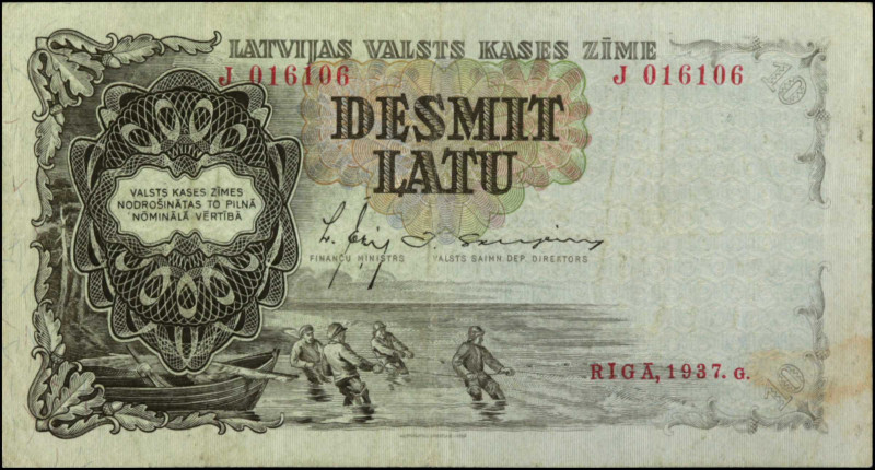 LATVIA. Latvijas Valsts Kases. 10 Latu, 1937. P-29a. Very Fine.

1937 dated. S...