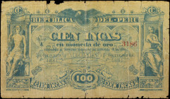 PERU. Republica del Peru. 100 Incas, September 1881. P-17. Good.

An incredibly rare offering from the "Inca" system of denominations. This system w...