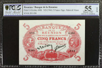 REUNION. Banque de la Reunion. 5 Francs, ND (1944). P-14. PCGS GSG About Uncirculated 55 OPQ.

Signature combination of Rabot and Ninon. Ruby red in...
