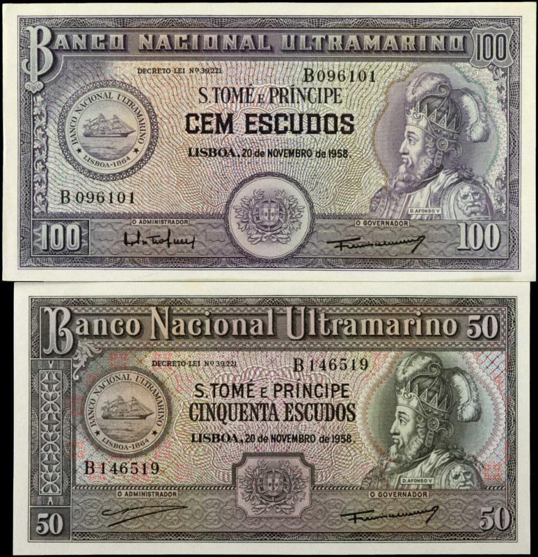 SAINT THOMAS & PRINCE. Lot of (2). Banco Nacional Ultramarino. 50 & 100 Escudos,...