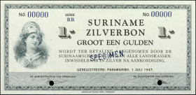 SURINAME. Suriname Zilverbon. 1 Gulden, July 1st, 1947. P-105ds. Specimen. Uncirculated.

Blue specimen overprint, serial numbers and dual punch can...