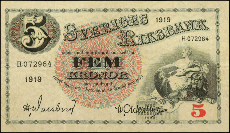 SWEDEN. Sveriges Riksbank. 5 Kronor, 1919. P-33b. Fine.

Scarce 1919 date. Hea...