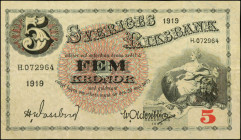 SWEDEN. Sveriges Riksbank. 5 Kronor, 1919. P-33b. Fine.

Scarce 1919 date. Heavy blue security threads stand out on the back of the note at left.
...