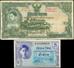THAILAND. Lot of (2). Mixed Banks. 5 & 20 Baht, 1936-46. P-29 & 64. Fine & About Uncirculated.

The 20 Baht note displays edge wear and toning, with...