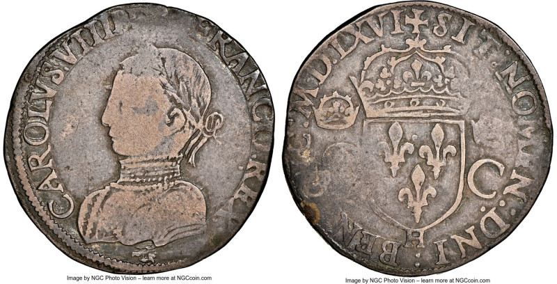 Charles IX Teston 1566-H F15 NGC, La Rochelle mint, Dup-1063. 9.25gm. A lovely c...