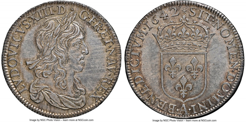 Louis XIII 1/2 Ecu 1642-A MS62 NGC, Paris mint, KM121, Gad-49, Dup-1346. Draped ...