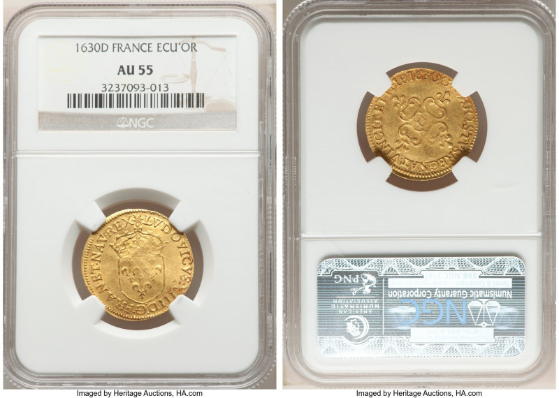 Louis XIII gold Ecu d'Or 1630-D AU55 NGC, Lyon mint, KM41.4, Gad-55 (R2), Dup-12...