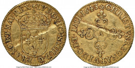 Louis XIII gold Ecu d'Or 1643-A AU Details (Bent) NGC, Paris mint, KM41.1, Gad-55. 3.36gm. Milled type. Fully-struck motifs occupied by antique-gold t...