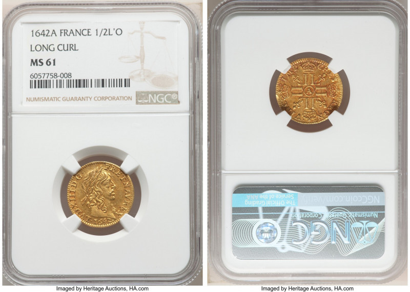 Louis XIII gold 1/2 Louis d'Or 1642-A MS61 NGC, Paris mint, KM125, Gad-57, Dup-1...