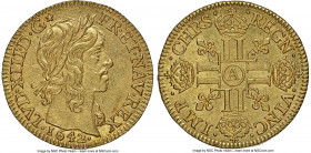 Louis XIII gold Louis d'Or 1642-A MS62 NGC, Paris mint, KM136.1, Gad-58 (R), Dup-1297. Mid-length curl (la meche mi-longue), D•G★ variety. A premier r...