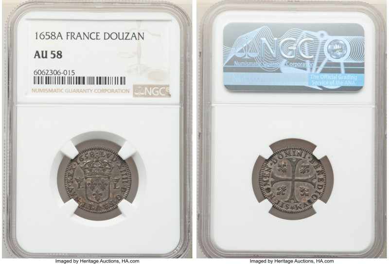 Louis XIV Douzain (15 Deniers) 1658-A AU58 NGC, Paris mint, KM197, Ciani-1976, B...